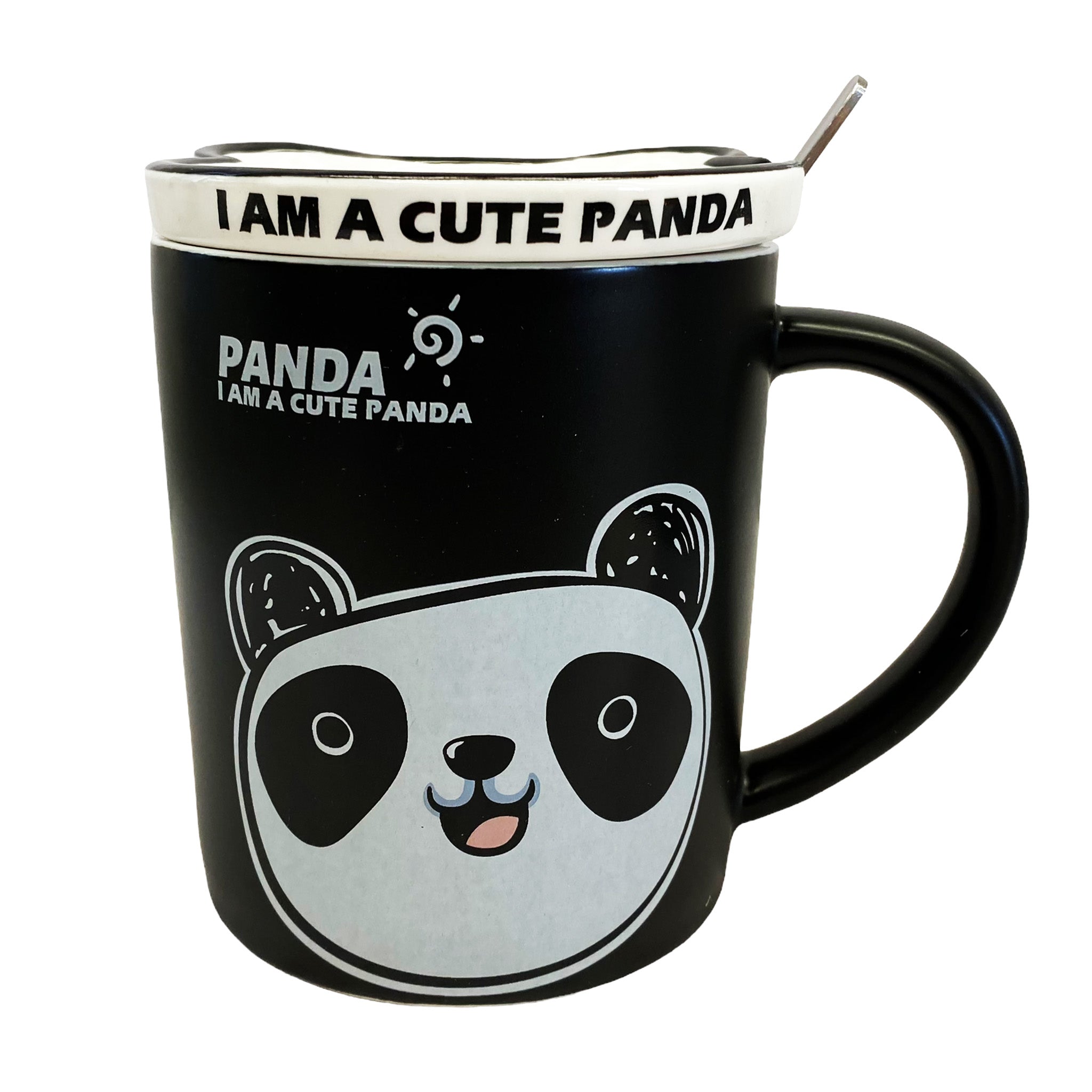 Ceramic Mug with Lid & Spoon Set - Black Panda 3 x 4 inches - Just Asian  Food