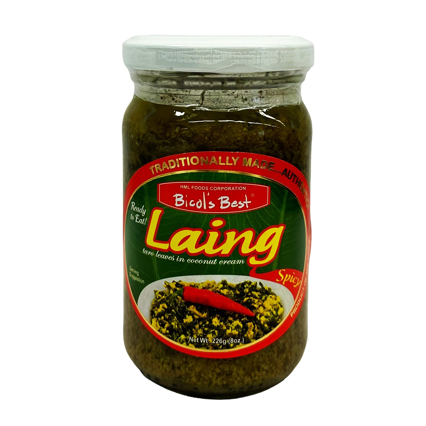 Front graphic image of Bicol's Best Laing Taro Leaves in Coconut Cream - Spicy 8oz (226g)