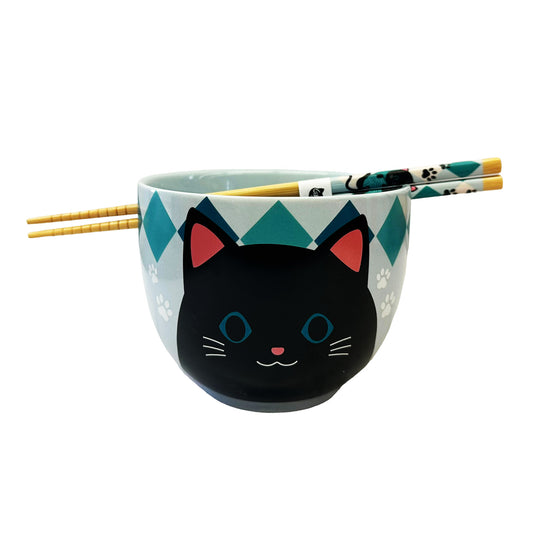 Front graphic image of Genki Cats Bowl With Chopsticks Set - Blue 5 X 4 Inches 18oz