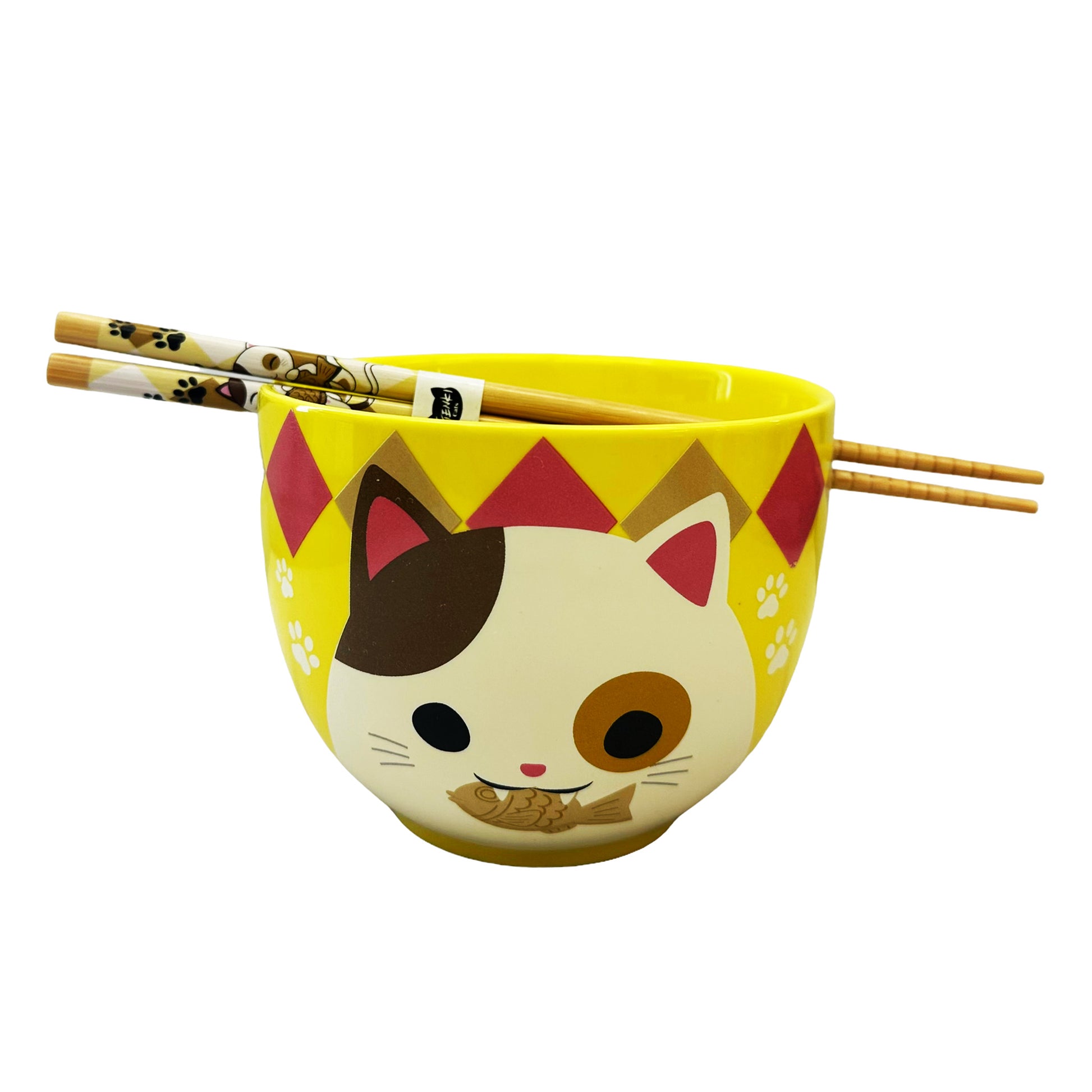 Back graphic image of Genki Cats Bowl With Chopsticks Set - Yellow 5 X 4 Inches 18oz