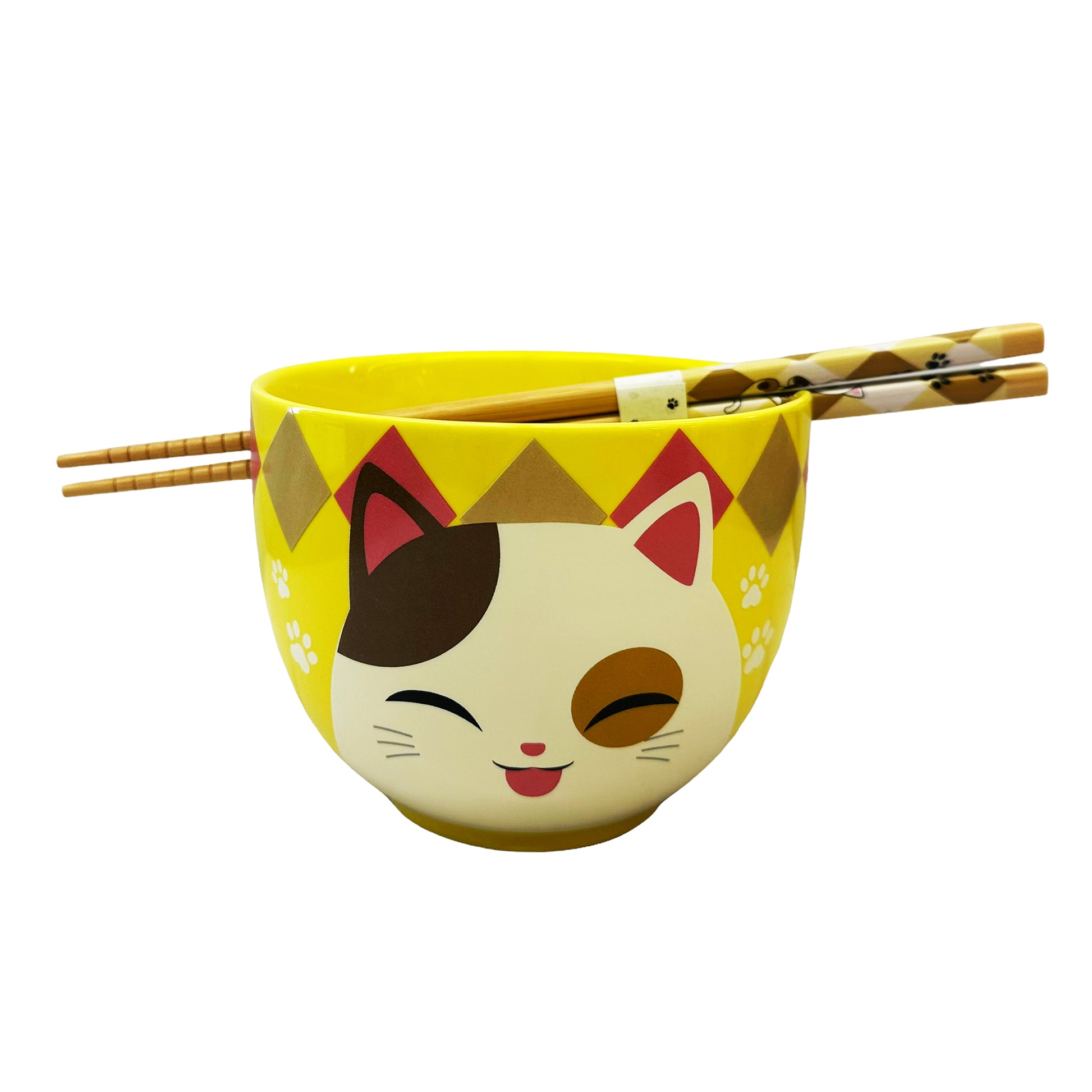 Front graphic image of Genki Cats Bowl With Chopsticks Set - Yellow 5 X 4 Inches 18oz