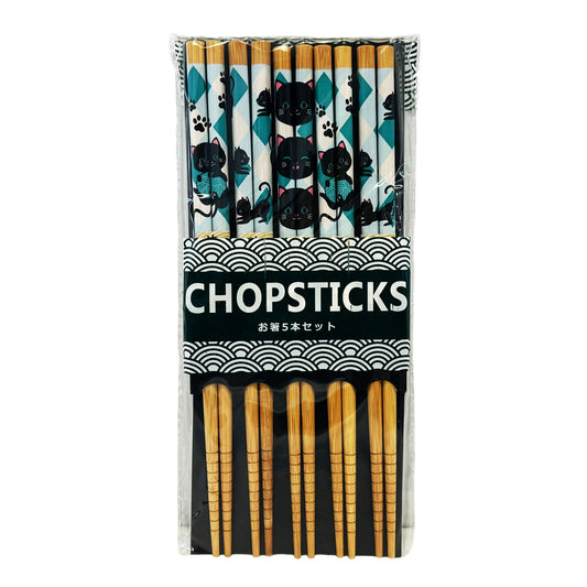 Front graphic image of Genki Cats Wood Chopsticks - Blue 9 inches (5 Sets)