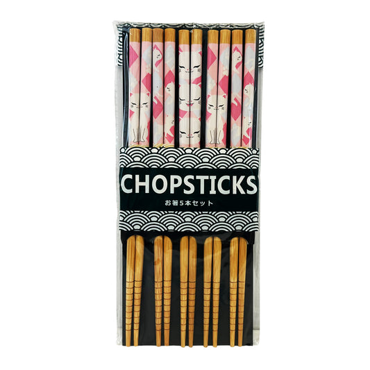 Front graphic image of Genki Cats Wood Chopsticks - Pink 9 inches (5 Sets)