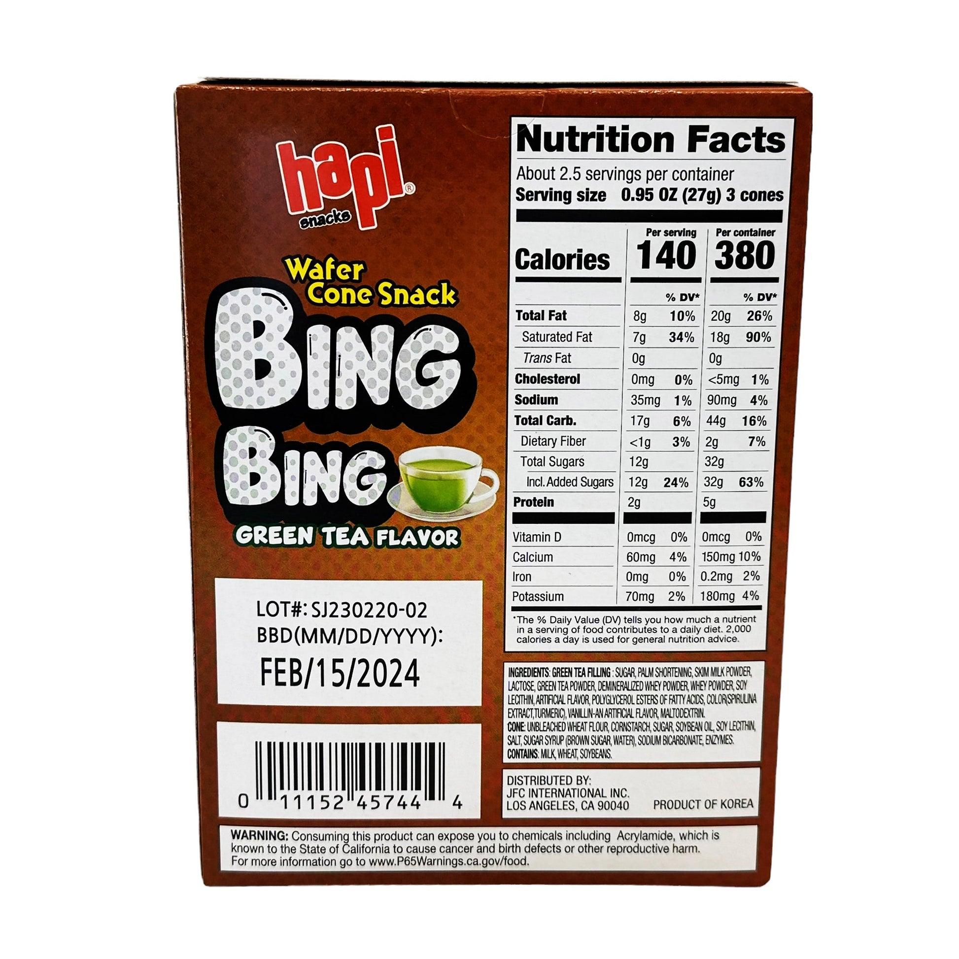 Back graphic image of Hapi Bing Bing Ice Cream Cone Snack - Green Tea Flavor 2.5oz