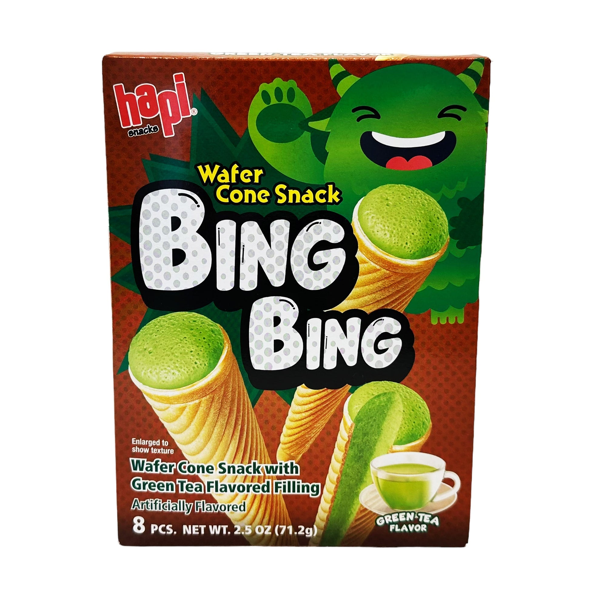 Front graphic image of Hapi Bing Bing Ice Cream Cone Snack - Green Tea Flavor 2.5oz