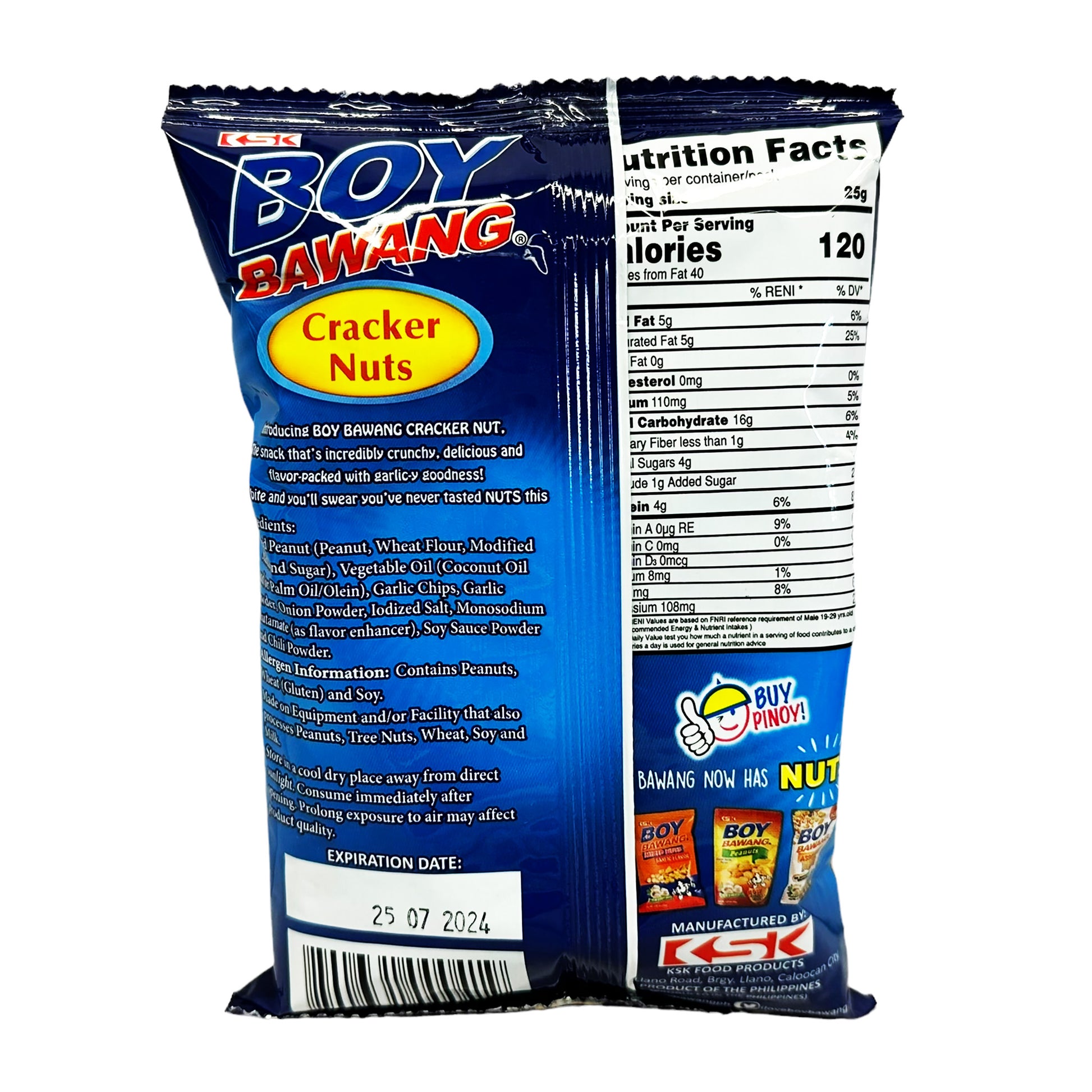 Back graphic image of KSK Boy Bawang Cracker Nuts 3.54oz (100g)