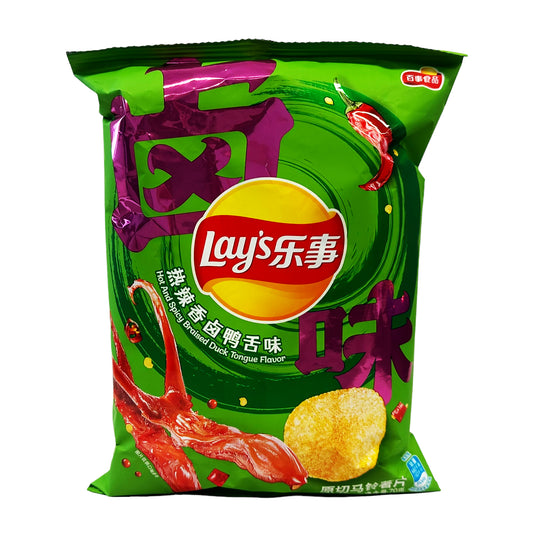 Front graphic image of Lay's Potato Chips - Hot And Spicy Braised Duck Tongue Flavor 2.46oz (70g)