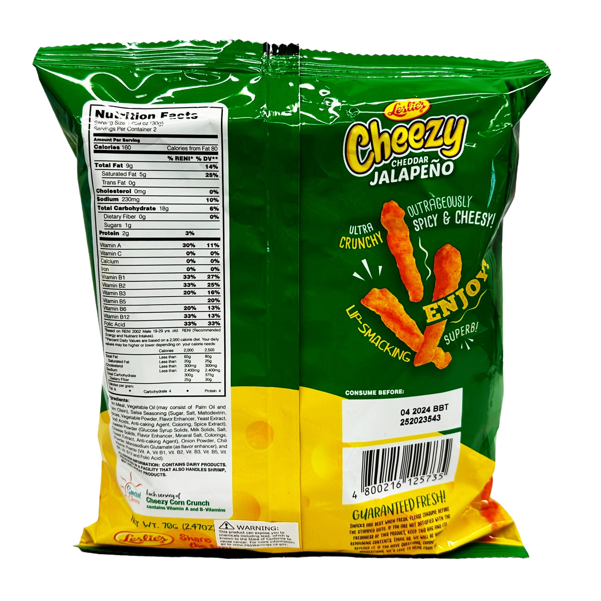 Back graphic image of Leslie's Cheezy Corn Crunch - Jalapeno 2.47oz (70g)