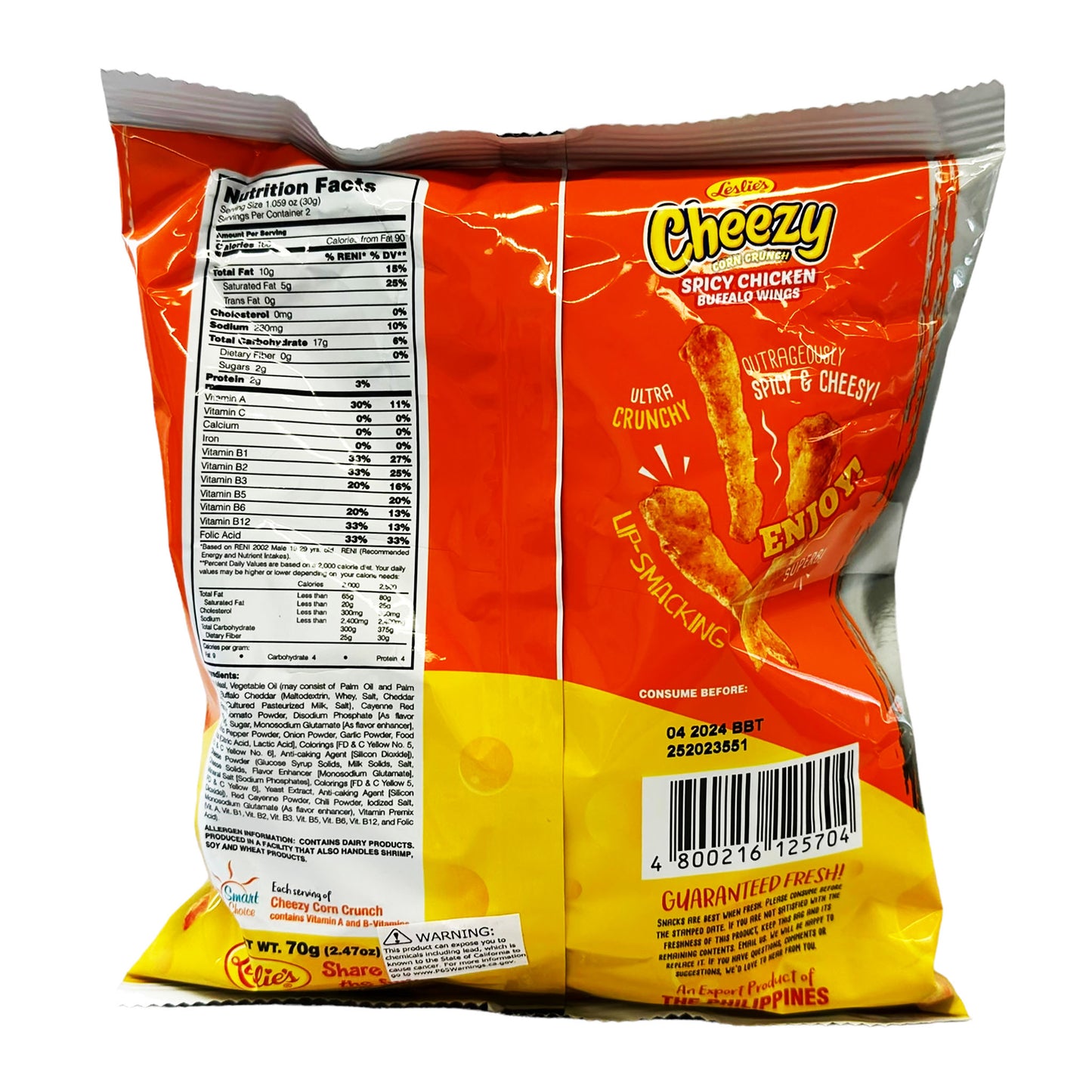 Back graphic image of Leslie's Cheezy Corn Crunch - Spicy Chicken Buffalo Wings 2.47oz (70g)