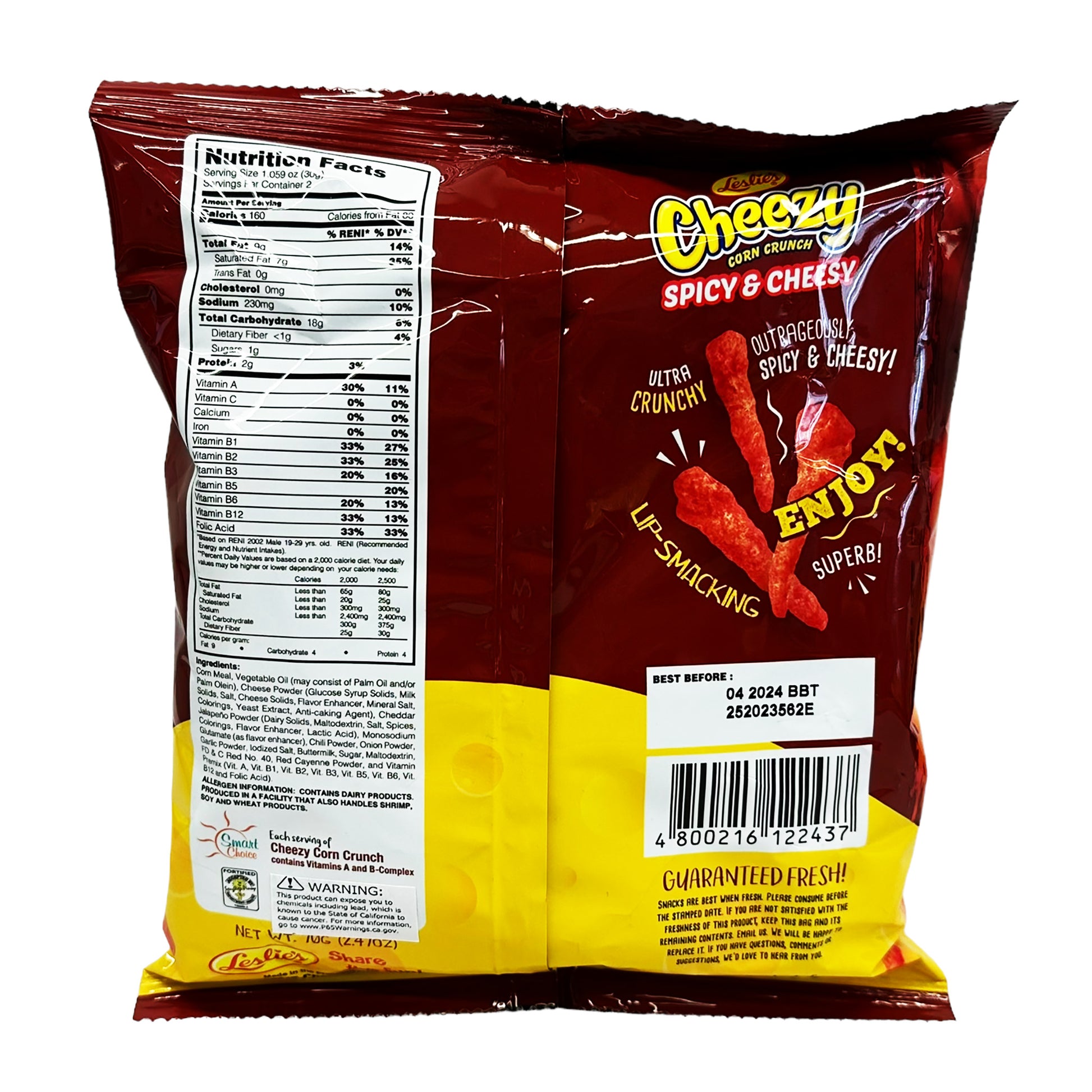 Back graphic image of Leslie's Cheezy Corn Crunch - Spicy & Cheezy 2.47oz (70g)