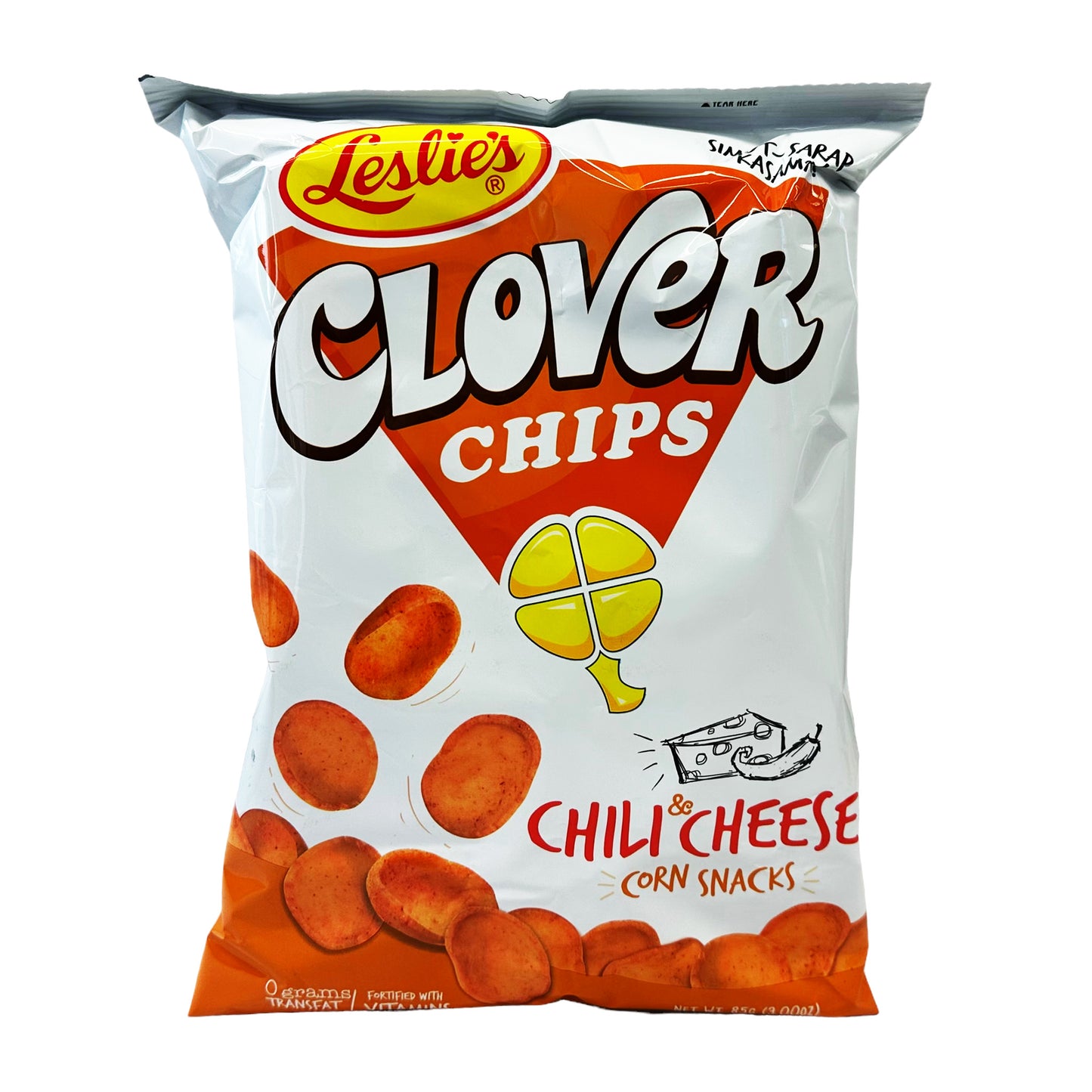 Front graphic image of Leslie's Clover Chips - Chili Cheese Flavor 3oz (85g)