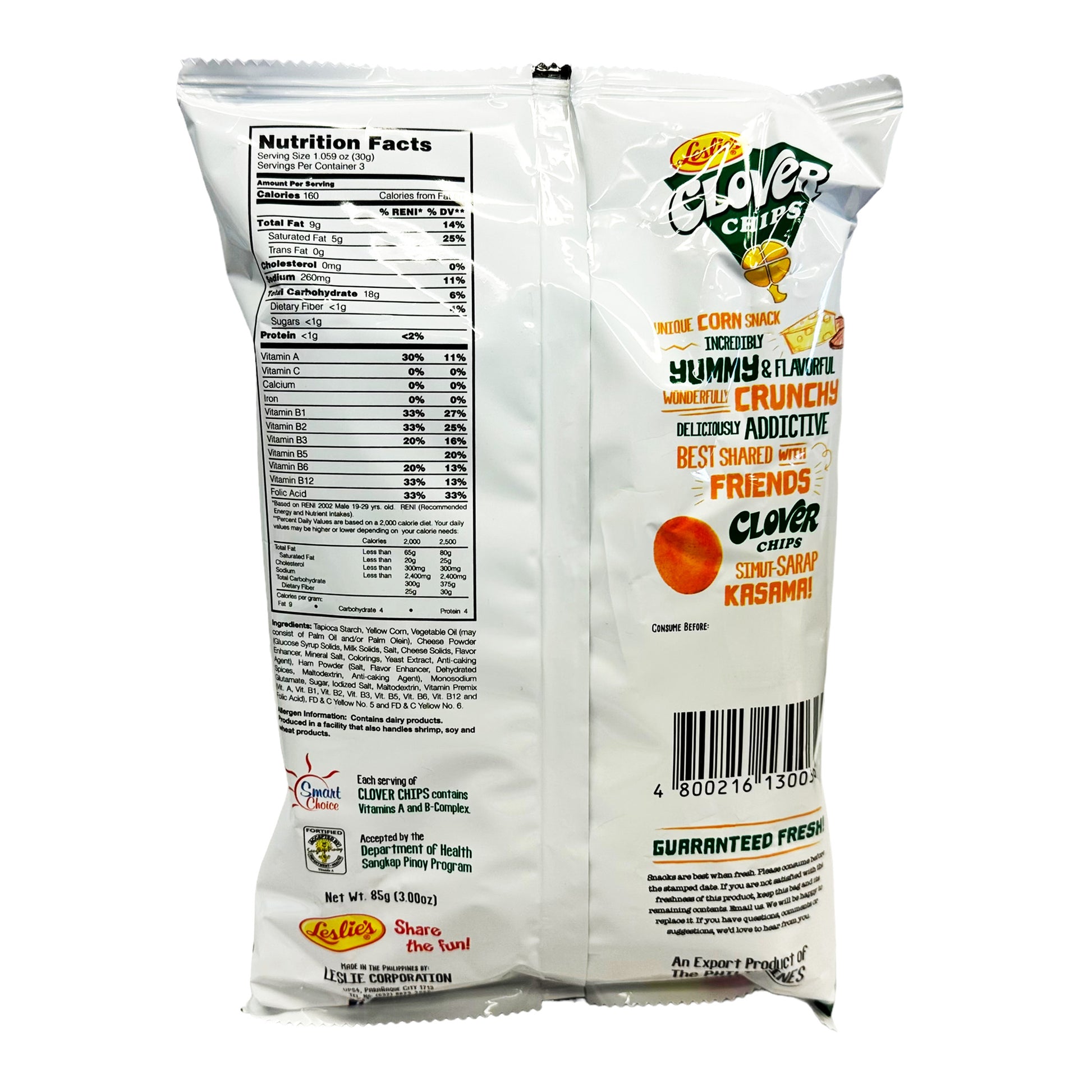 Back graphic image of Leslie's Clover Chips - Ham & Cheese Flavor 3oz (85g)
