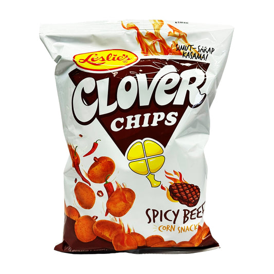 Front graphic image of Leslie's Clover Chips - Spicy Beef Flavor 3oz (85g)