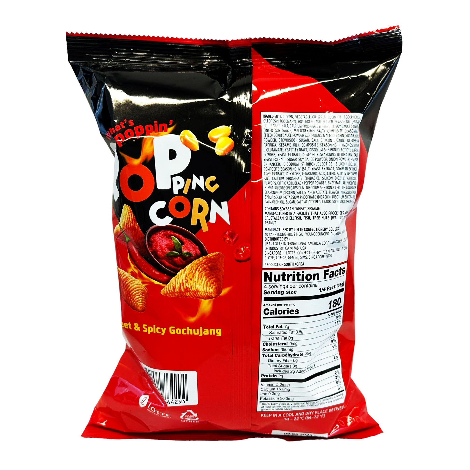 Back graphic image of Lotte Popping Corn Chips - Sweet And Spicy Gochujang Flavor 5.08oz (144g)