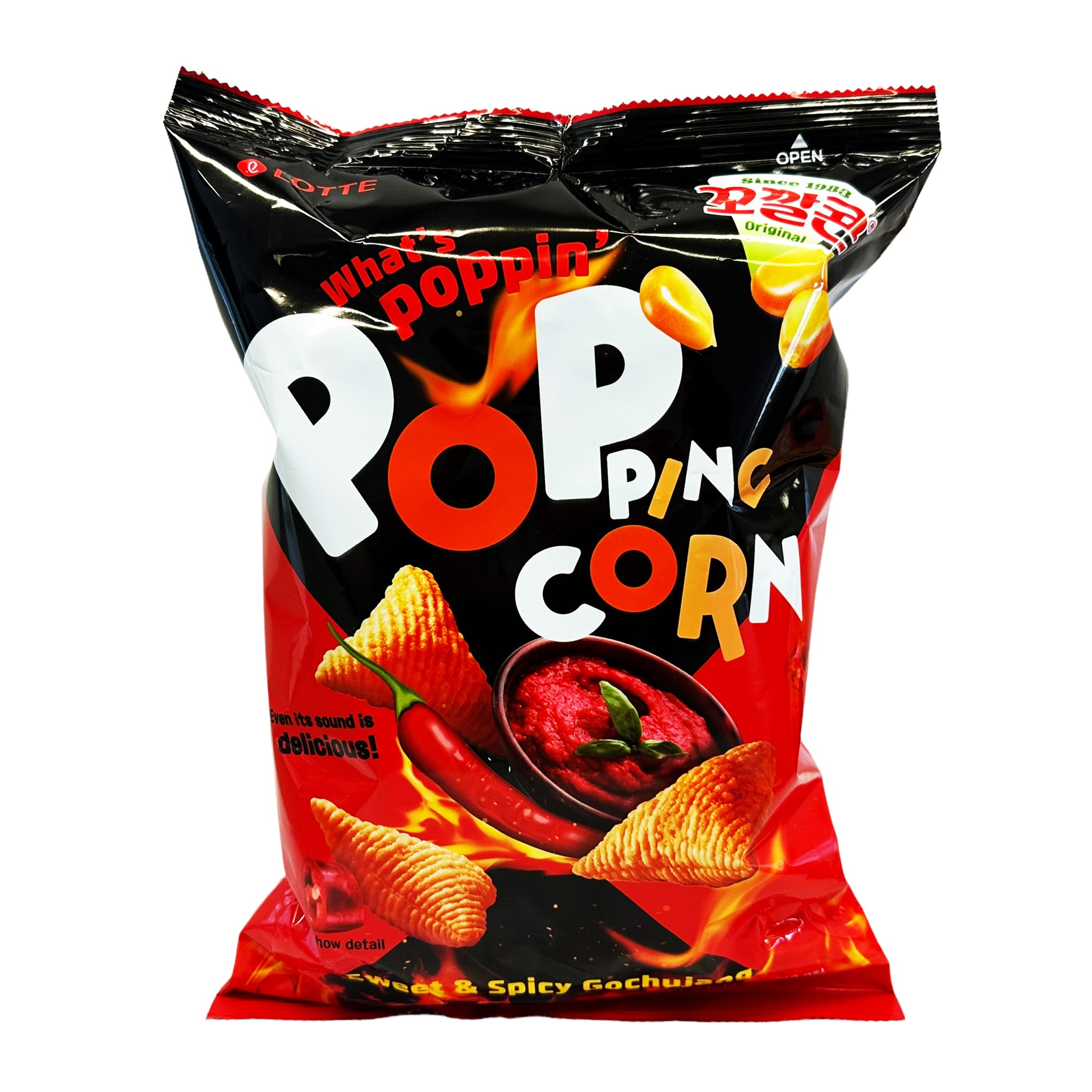 Front graphic image of Lotte Popping Corn Chips - Sweet And Spicy Gochujang Flavor 5.08oz (144g)