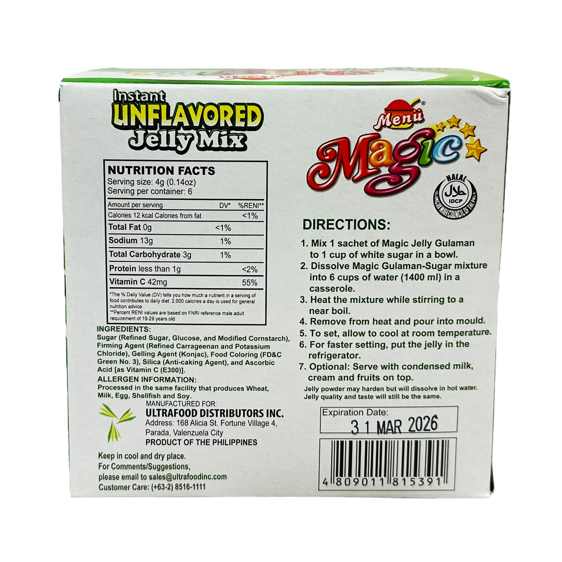 Back graphic image of Menu Magic instant Unflavored Jelly Mix - Green 8.46oz (240g)