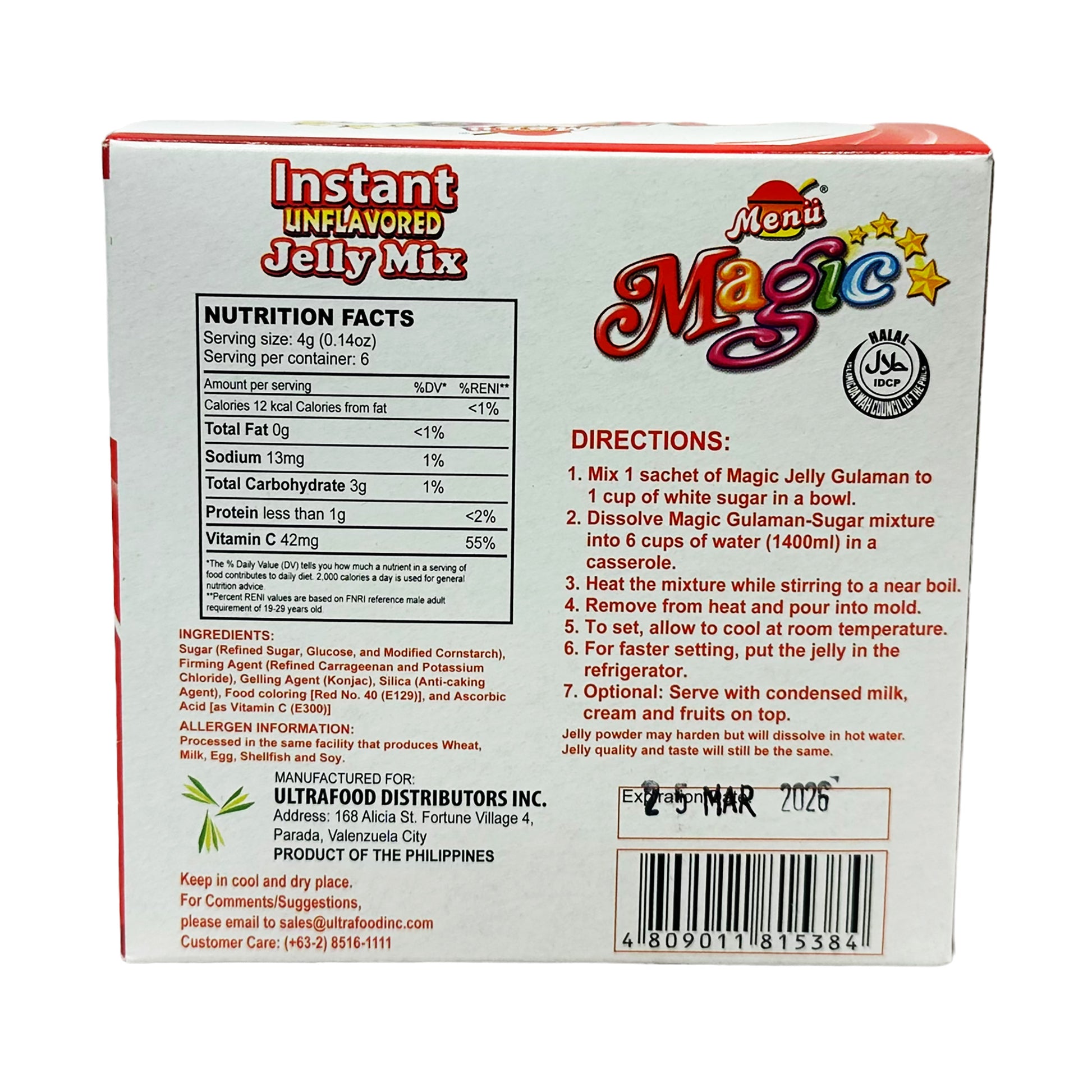 Back graphic image of Menu Magic instant Unflavored Jelly Mix - Red 8.46oz (240g)