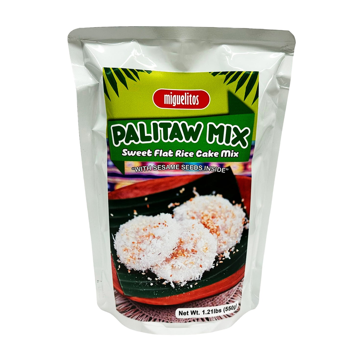 Front graphic image of Miguelitos Sweet Flat Rice Cake Mix - Palitaw 19.4oz (550g)