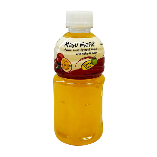 Front graphic image of Mogu Mogu Passion Fruit Juice with Nata De Coco 10.82oz (320ml)