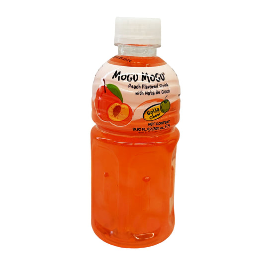 Front graphic image of Mogu Mogu Peach Juice with Nata De Coco 10.82oz (320ml)