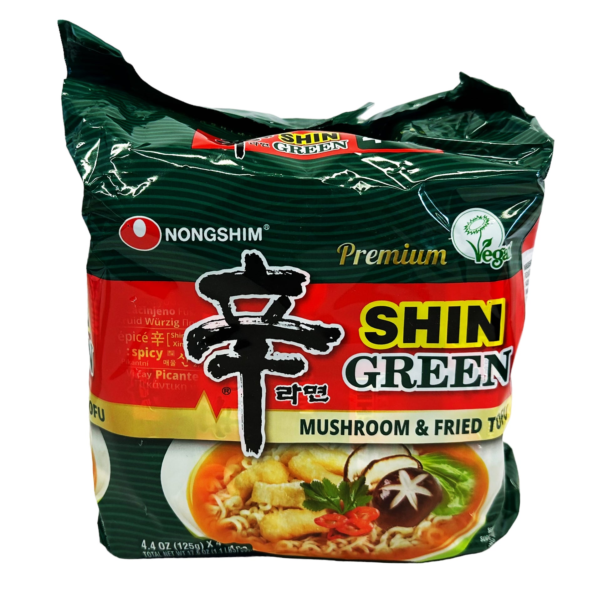 Front graphic image of Nongshim Premium Shin Ramyun Green Ramen 4 Packs 17.6oz (500g)