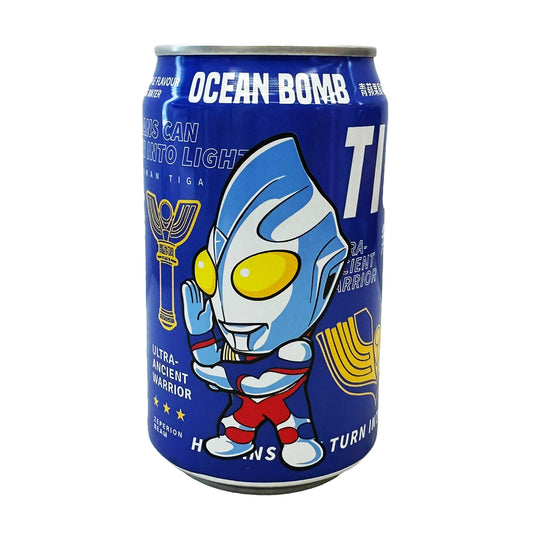 Front graphic image of Ocean Bomb Ultraman Tiga Sparkling Water - Green Apple Flavor 11.1oz (330ml)
