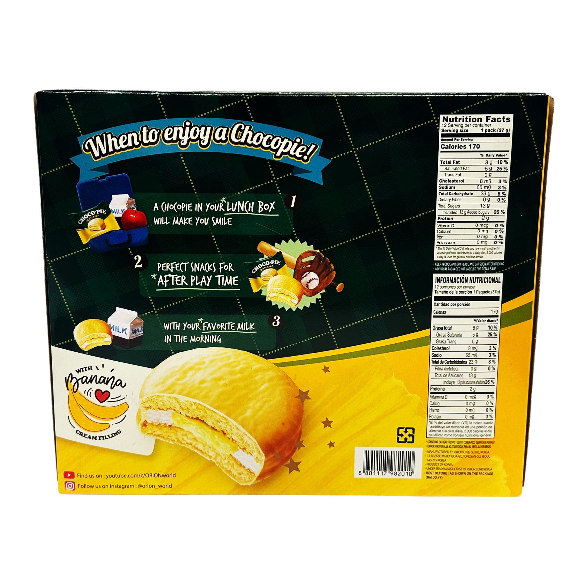 Back graphic image of Orion Choco Pie - Banana Flavor 15.66oz (444g)
