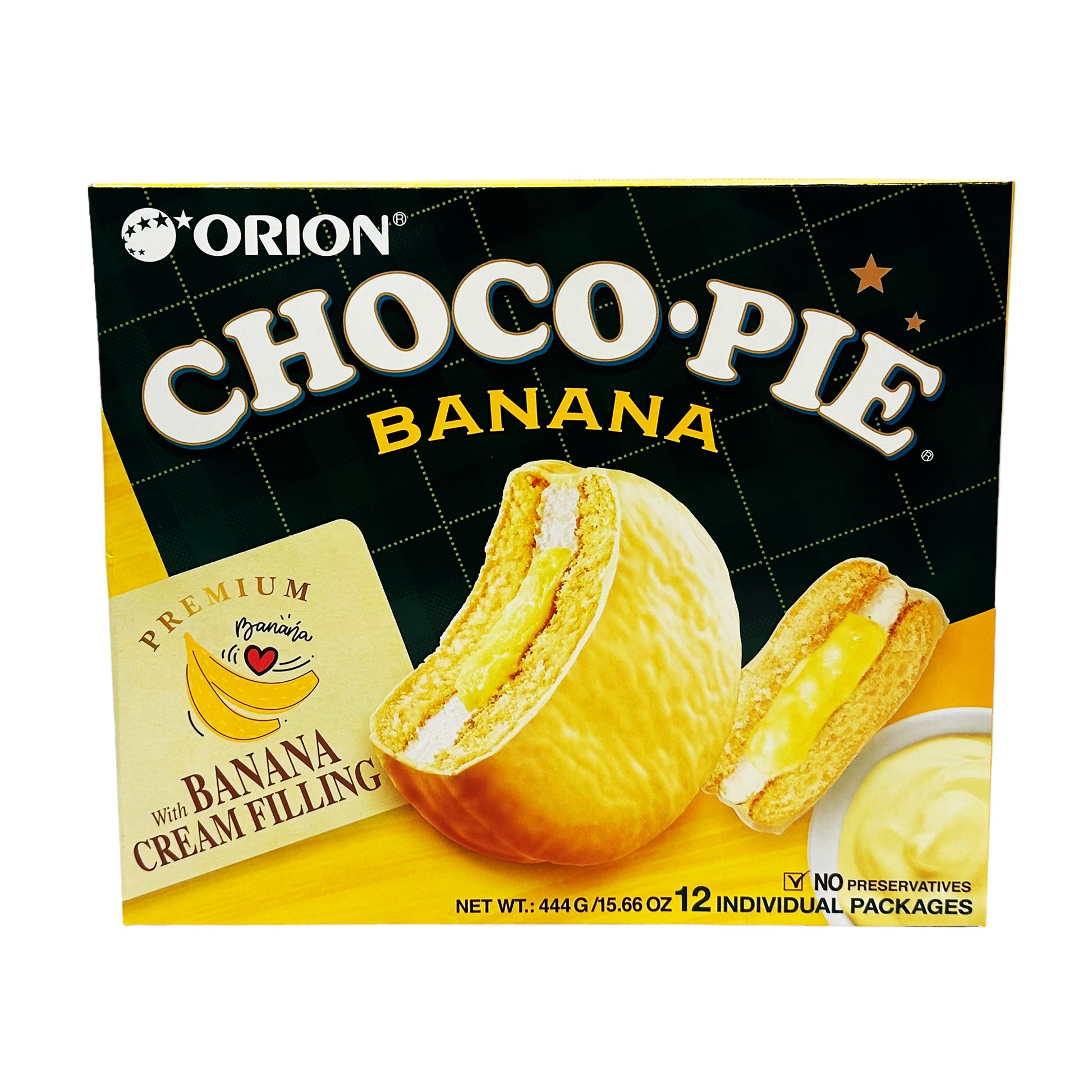 Front graphic image of Orion Choco Pie - Banana Flavor 15.66oz (444g)