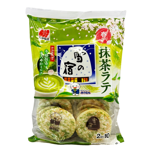 Front graphic image of Sanko Yuki No Yado Rice Cracker - Matcha Flavor 4.65oz (132g)