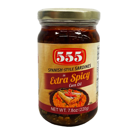 Front graphic image of 555 Spanish Style Sardines In Corn Oil - Extra Spicy 7.8oz (220g)