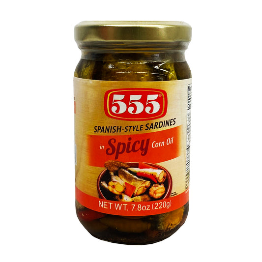 Front graphic image of 555 Spanish Style Sardines In Corn Oil - Spicy 7.8oz (220g)