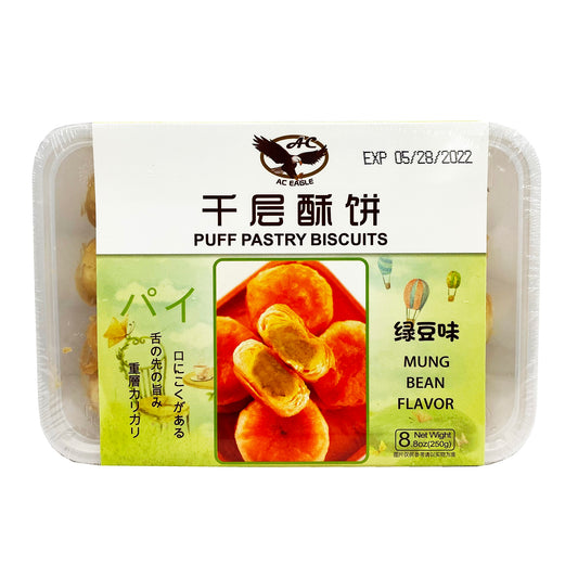 Front graphic image of AC Eagle Puff Pastry Biscuits - Mung Bean Flavor 8.8oz (250g) - AC Eagle 千层酥饼 - 绿豆味 8.8oz (250g)