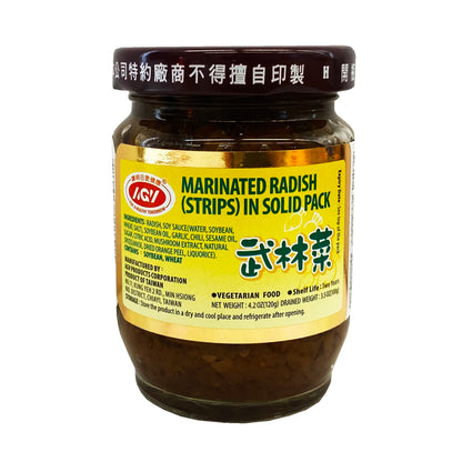 Front graphic image of AGV Marinated Radish Strips  In Solid Pack 4.2oz - 爱之味 武林菜 4.2oz