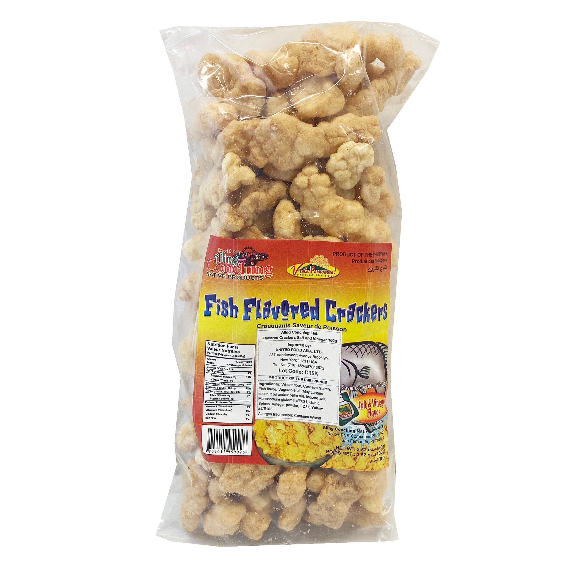 Front graphic image of Aling Conching Fish Flavored Salt and Vinegar Crackers 3.52oz