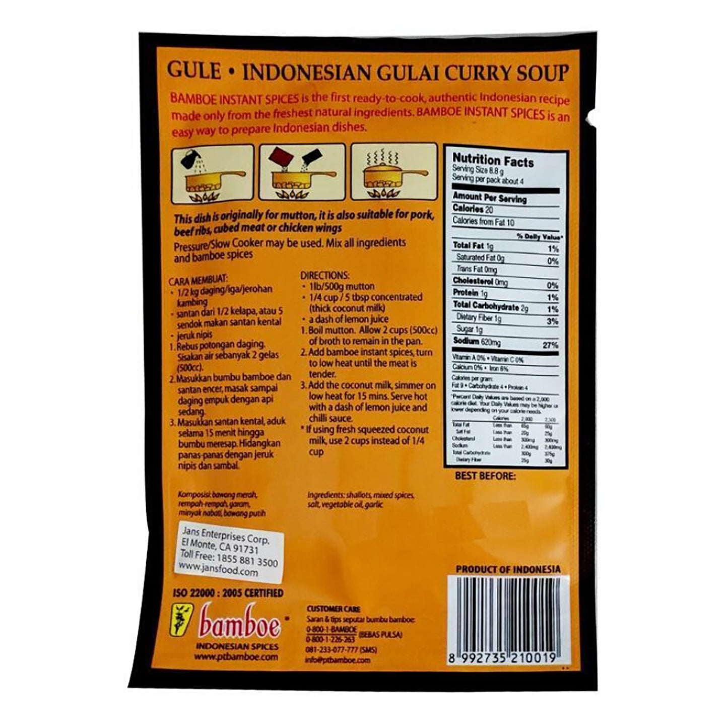 Back graphic image of Bamboe Indonesian Mix - Gule Curry 1.2oz