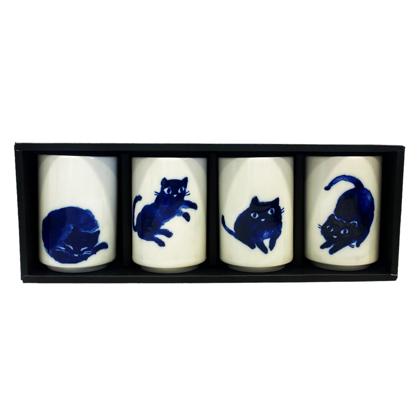 Front graphic view of Blue Cats Japanese Tea Cup 4 Pcs Set 3.5 Inches