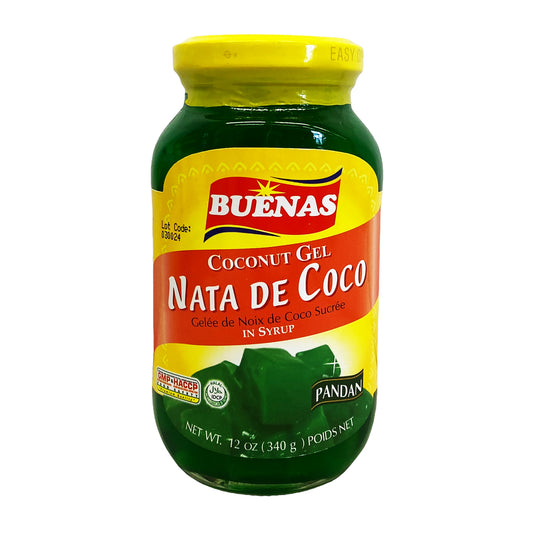 Front graphic view of Buenas Coconut Gel in Syrup - Nata De Coco Pandan Flavor 12oz (340g)