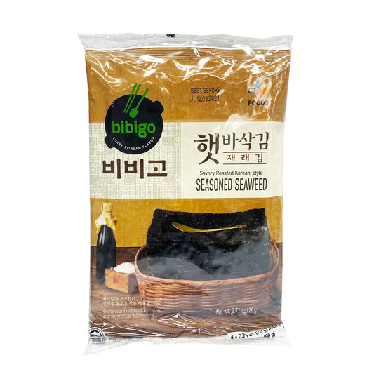 Front graphic image of CJ Bibigo Roasted Korean Style Seasoned Seaweed (4 Packs) 2.8oz