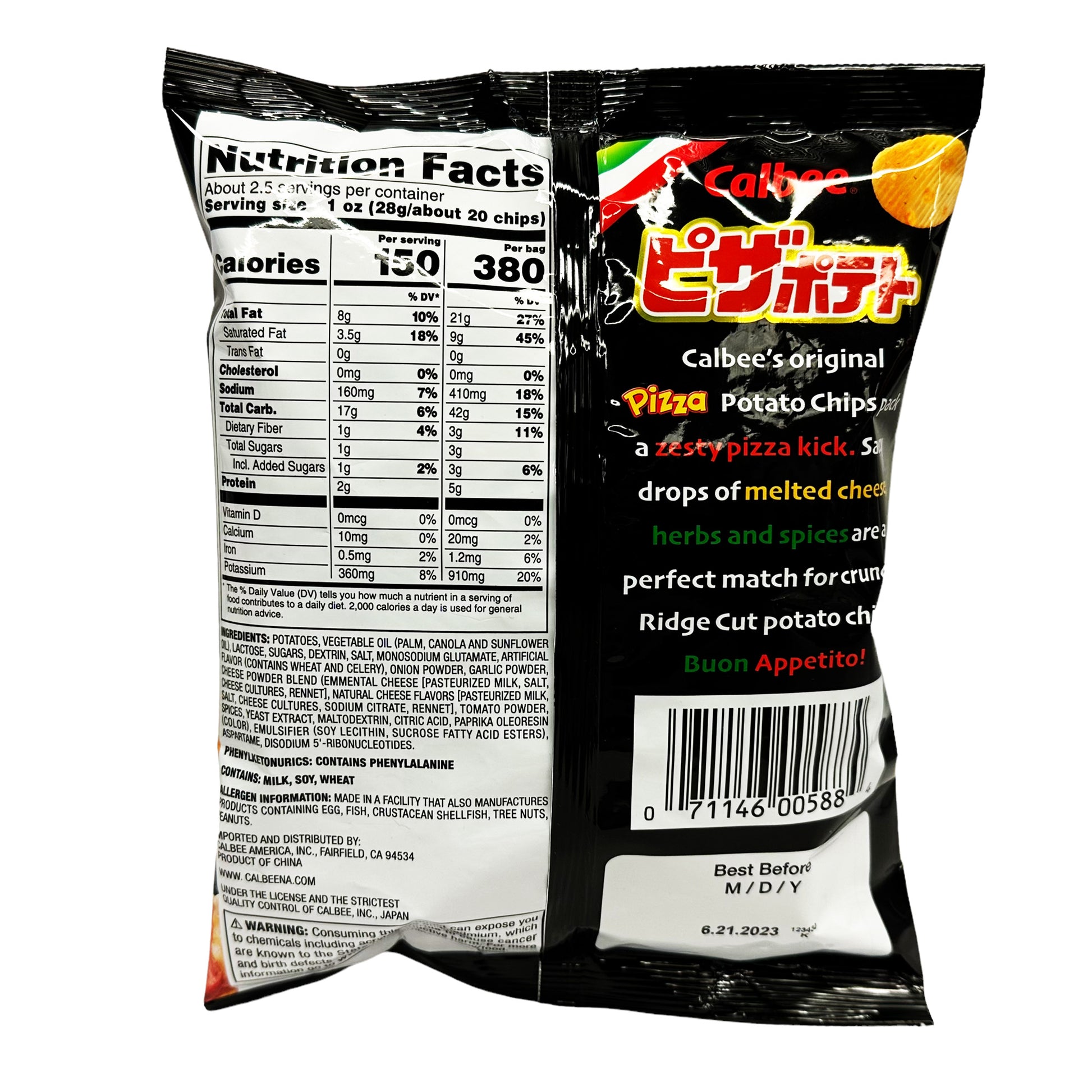 Back graphic image of Calbee Pizza Potato Chips Melty Cheese 2.54oz