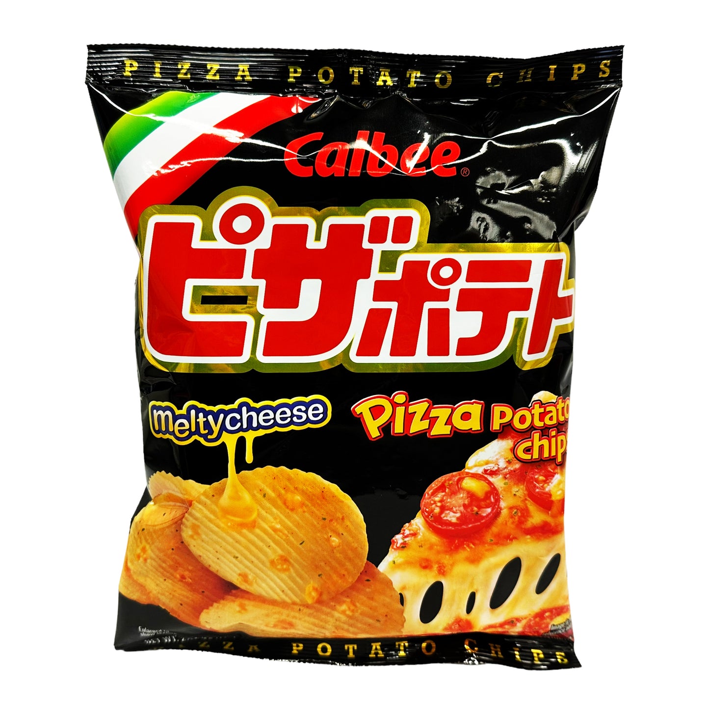 Front graphic image of Calbee Pizza Potato Chips Melty Cheese 2.54oz