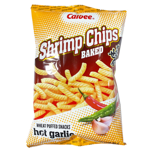 Front graphic image of Calbee Shrimp Chips Hot Garlic 3.3oz