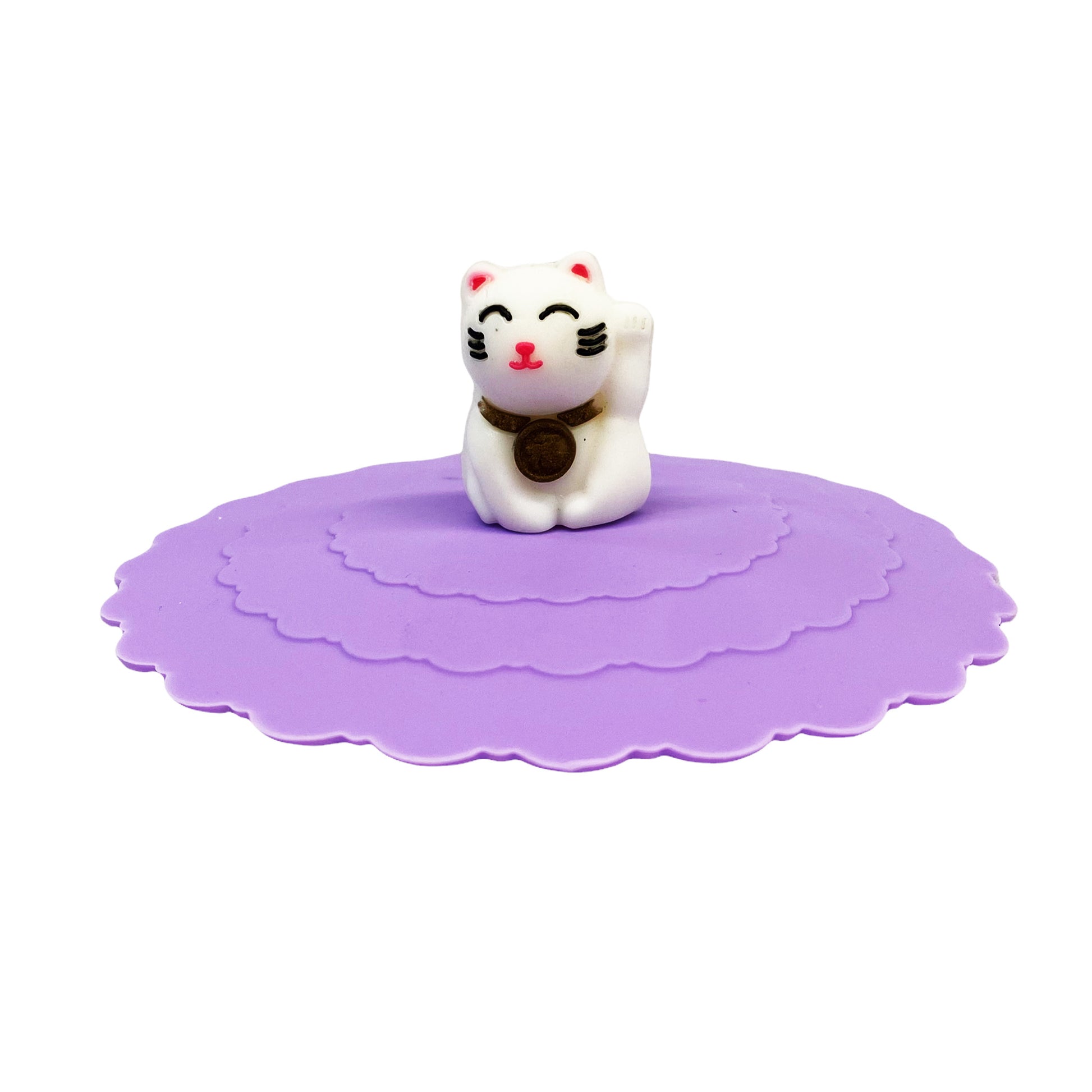 Front graphic view of Cat Silicone Cup Lid - Purple 4.25 inches
