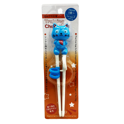 Front graphic view of Cat Training Chopsticks - Blue & White 7 Inches