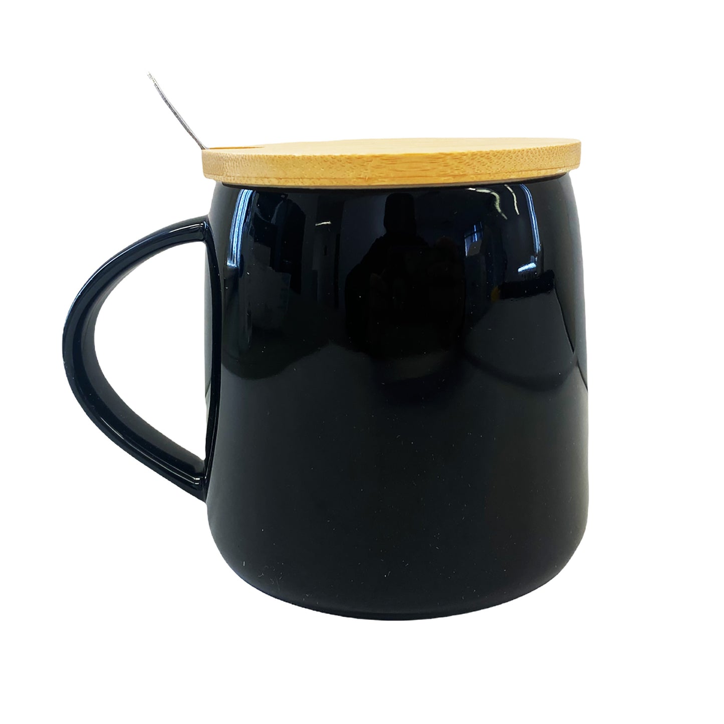 Back graphic view of Ceramic Mug with Lid & Spoon - Lucky Cat Black 3.25 inches 12oz 