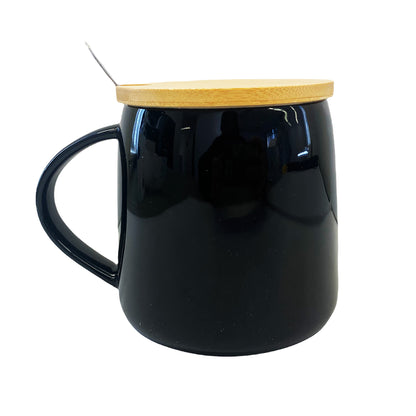 Back graphic view of Ceramic Mug with Lid & Spoon - Lucky Cat Black 3.25 inches 12oz 