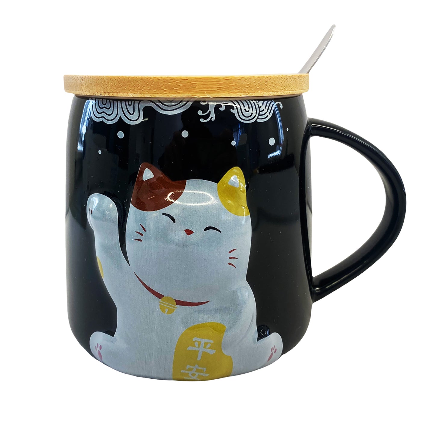 Front graphic view of Ceramic Mug with Lid & Spoon - Lucky Cat Black 3.25 inches 12oz 