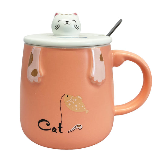 Front graphic view of Ceramic Mug with Lid & Spoon Set - Cat with Fish Pink 3.5 x 4 inches 15oz