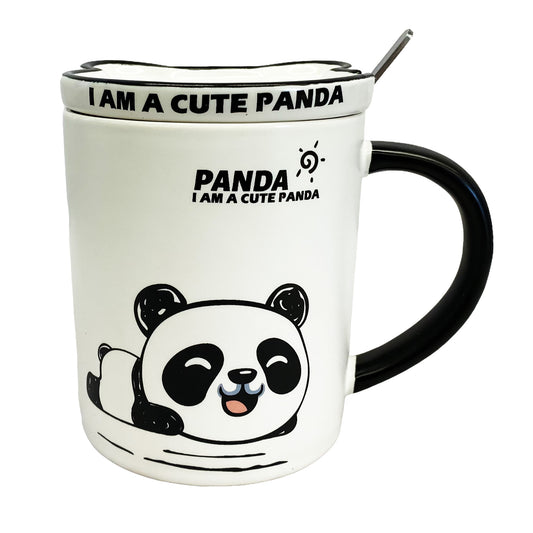 Front graphic view of Ceramic Mug with Lid & Spoon Set - White Panda 3 x 4 inches