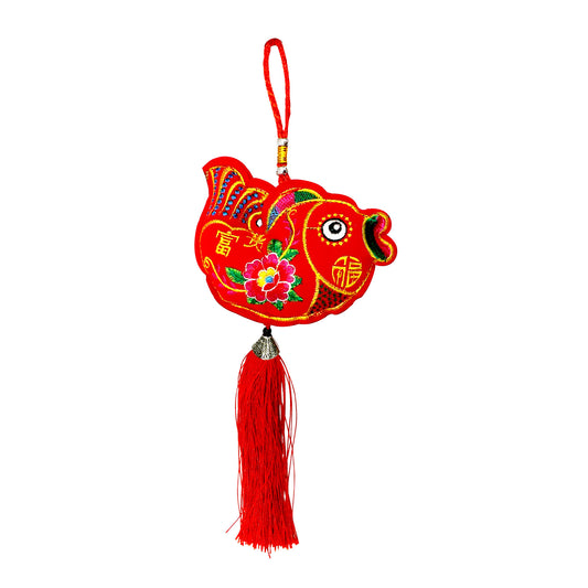 Front graphic image of Chinese New Year Fu Character 3D Single Fish Charm Tassel Decoration 12" x 5.5"