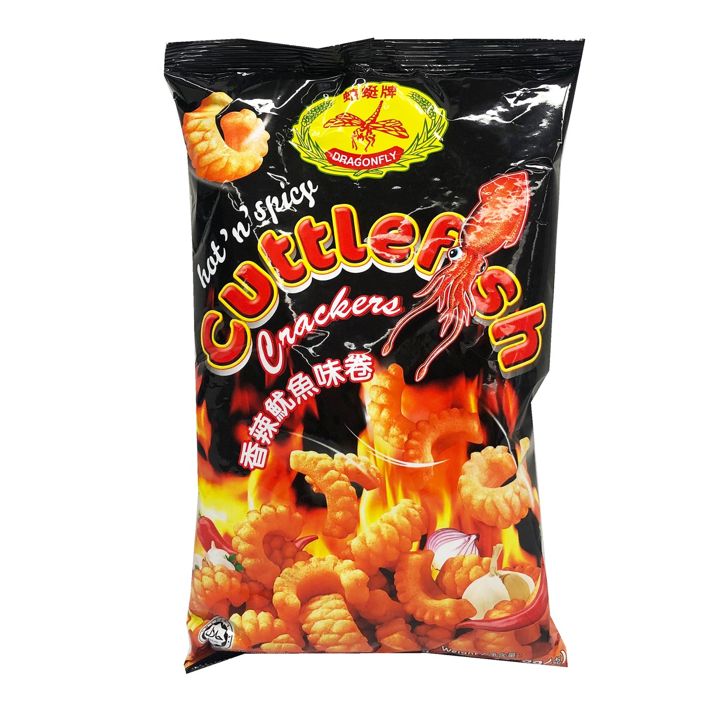 Front graphic image of Dragonfly Cuttlefish Crackers Hot & Spicy 8oz